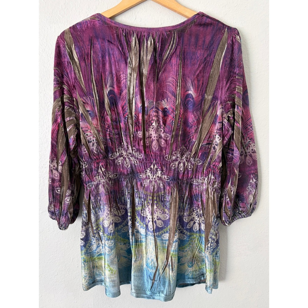 Womens Boho Babydoll Peacock Feather Print Tunic Top XL Long Ethereal Fairycore - Picture 2 of 7